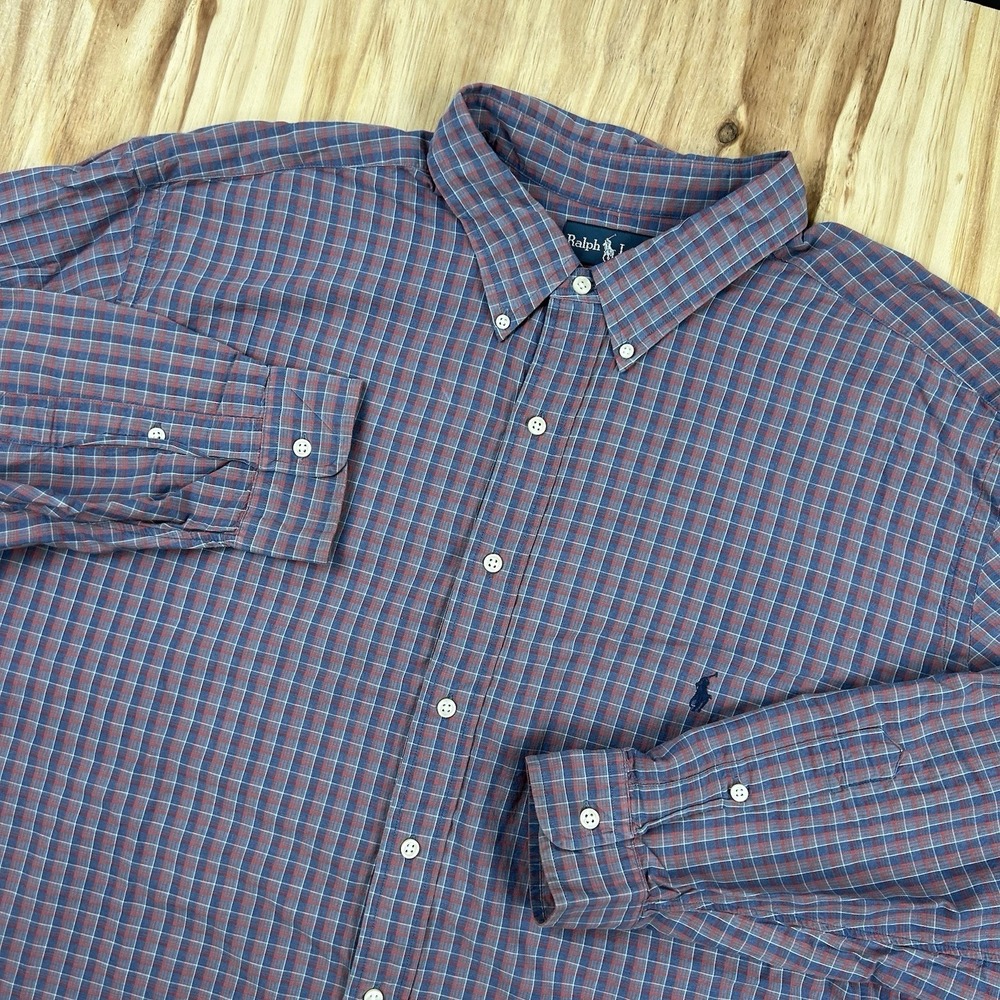 Ralph Lauren Mens 3XLT Blue Red Plaid Classic Fit Long Sleeve Button Up Shirt